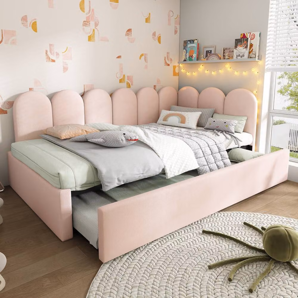 BTM Pink Velvet 3FT Daybed with Pull-Out Bed and Metal Frame, W/D/H: 90 x 190 x 76 cm – 4