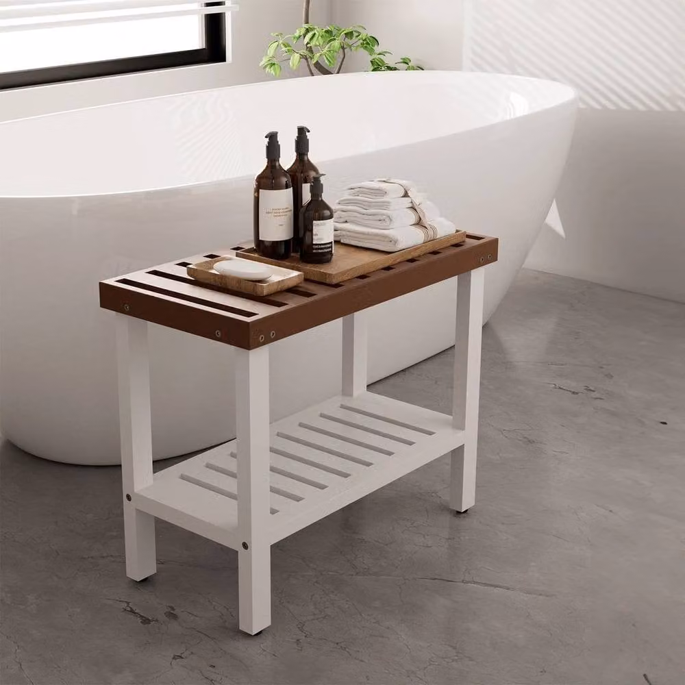 Kelvenix White Pine Wood Shower Bench with Shelves, W: 60 cm, D: 30 cm, H: 48 cm – 2