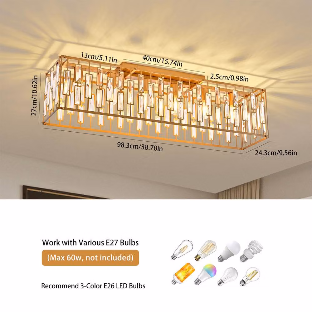 NIVOR Gold and Transparent Crystal Rectangular Ceiling Light, 98 cm, 6 x E27 Bulbs – 2
