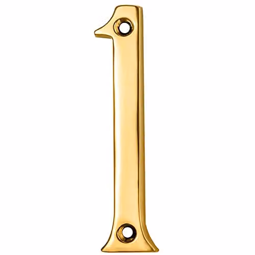 Loops Polished Brass House Numeral Plaque Number 1, Gold, H: 7.5 cm, D: 0.4 cm
