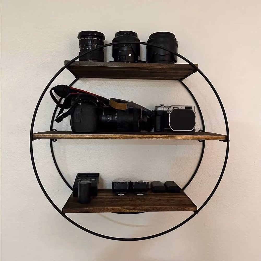 KORVIXA 3 Tier Round Wall Mounted Floating Shelves in Brown, W/D/H: 100 x 100 x 50 cm – 3