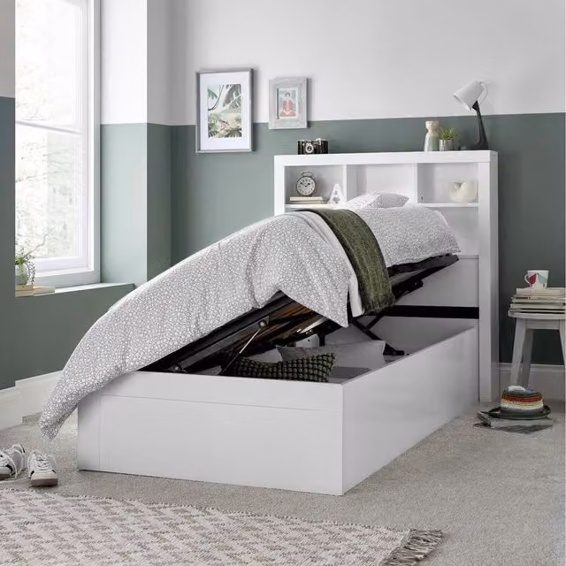 Bedmaster Modern White Engineered Wood Single Ottoman Storage Bed with Lift Up Base, 90 x 190 cm