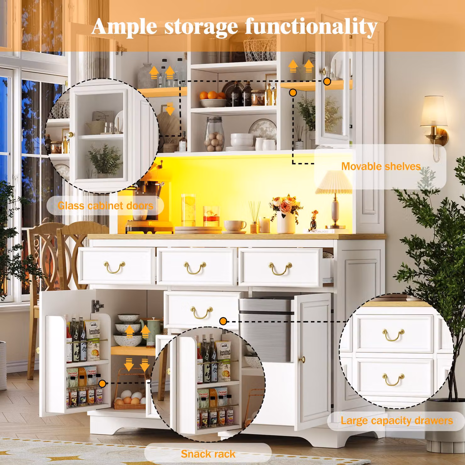 Aosom UK White Tall Kitchen Cabinet with Glass Doors and Integrated Lighting, W: 118 cm, D: 39.5 cm, H: 180 cm – 3
