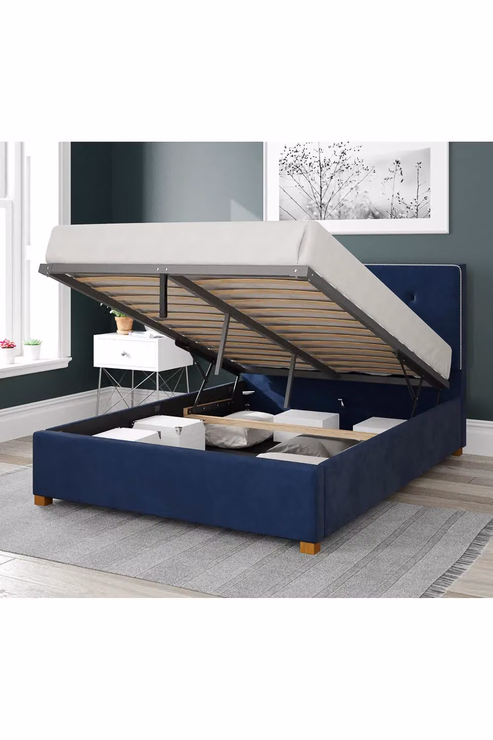 Aspire Presley Upholstered Ottoman Storage Bed in Blue Velvet Fabric, W/D/H: 180 x 200 cm – 2