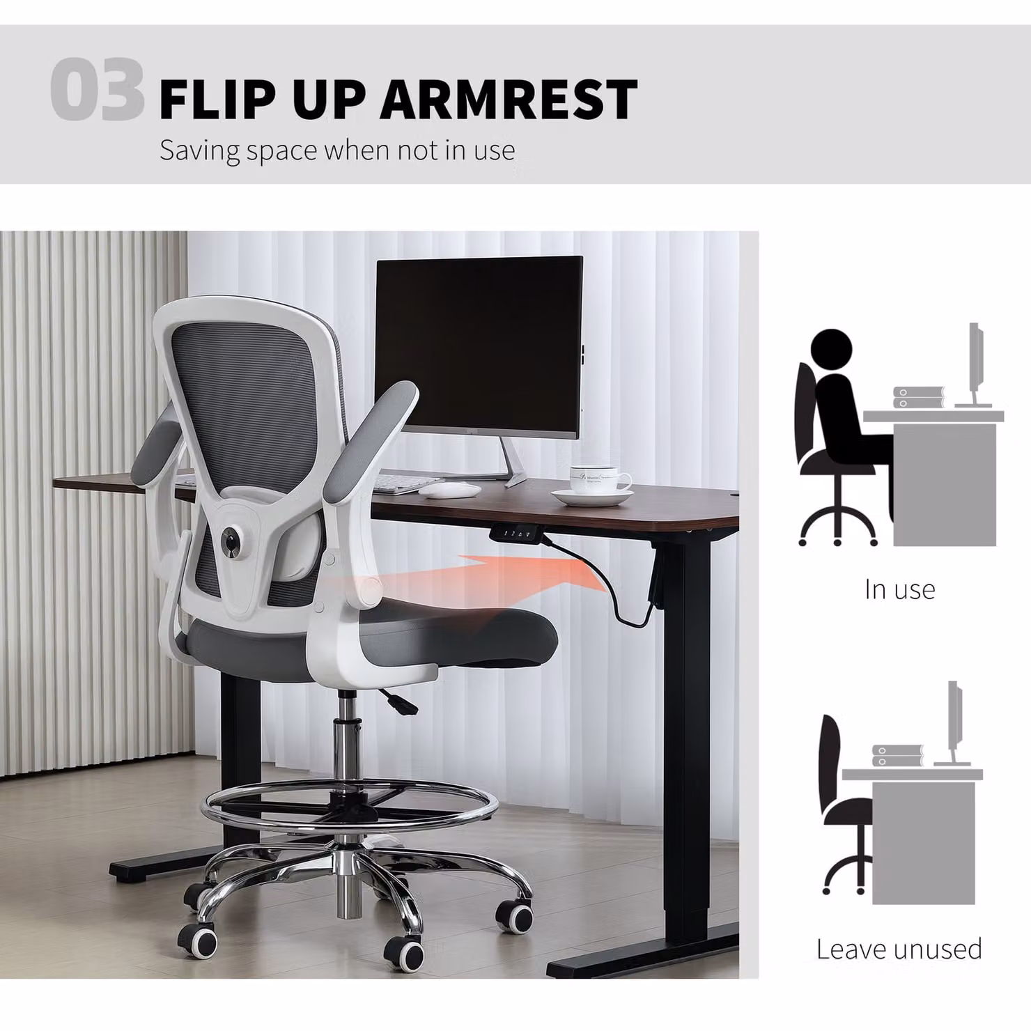 HOMCOM Modern Drafting Chair in Grey with Adjustable Lumbar, Foot Ring and Castors – 4
