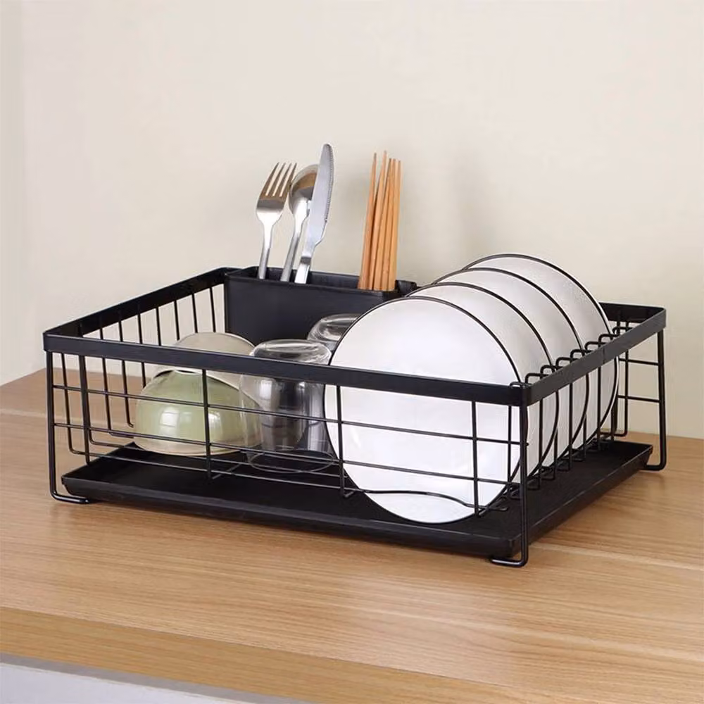 NESTLUNE Black Dish Drainer Rack with Cutlery and Cup Holder, W: 100 cm, D: 15 cm, H: 15 cm – 3