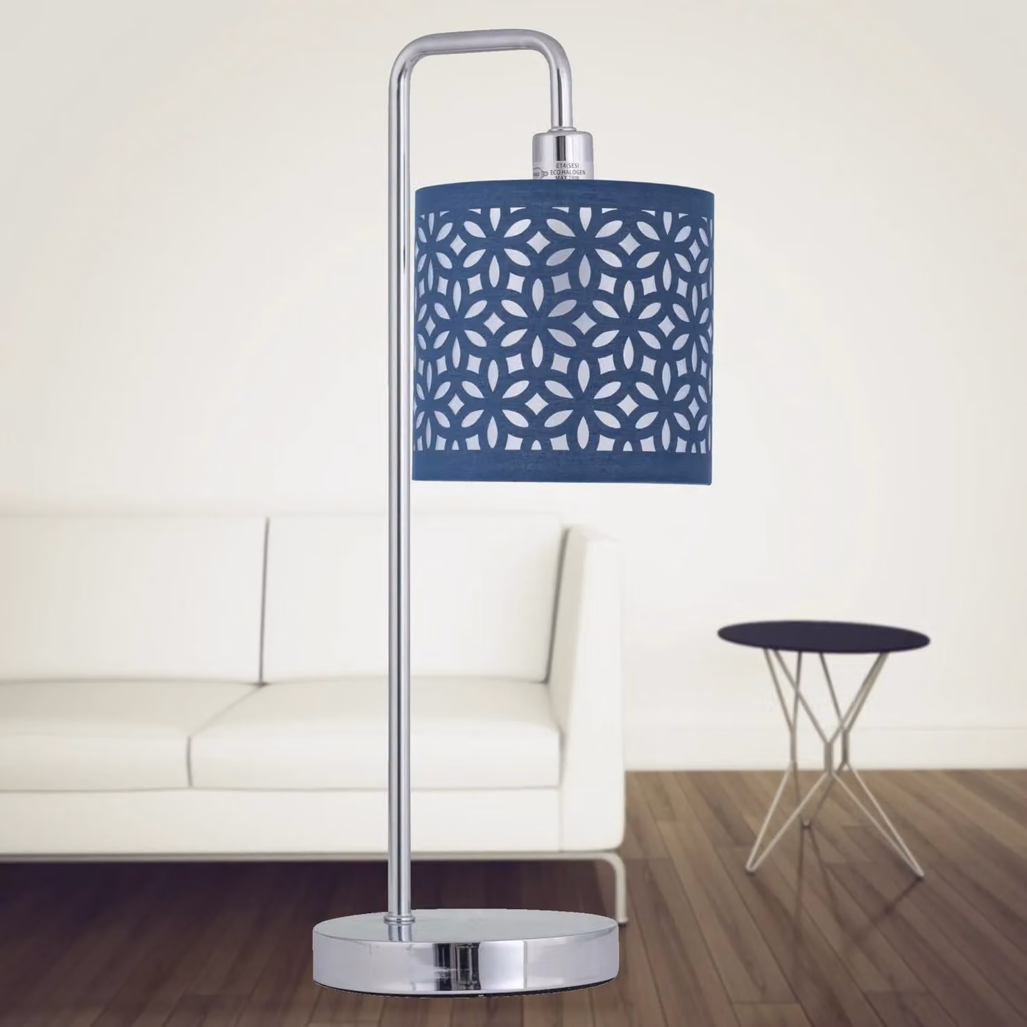 First Choice Lighting Set of 2 Chrome Arched Table Lamps with Blue Fabric Shades – 3