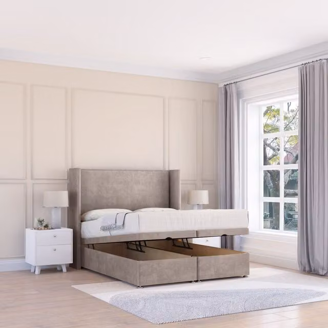Sloomy Devonshire Small Double Upholstered Fabric Ottoman Bed with Hybrid Memory Mattress and Winged Floorstanding Headboard in Sand or Grey, W/D/H: 120 x 200 cm