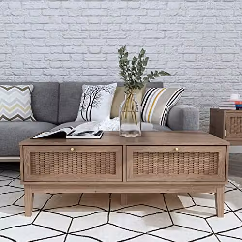 Lemon Pavilion Furniture Bordeaux Coffee Table in Brown Oak with Rattan Details, W: 110.2 cm, D: 50 cm, H: 43.2 cm – 2