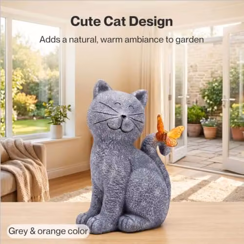 Emitto Solar LED Cat Garden Ornament in Grey and Orange Resin – 2