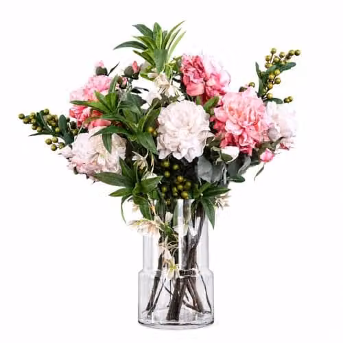 Leaf Design UK Peony Floral Display with Round Glass Vase in Pink, Grey and Green, H: 65 cm, W: 50 cm, D: 50 cm – 1