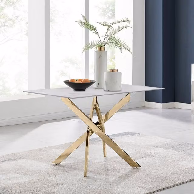 FurnitureboxUK Leonardo Rectangular Dining Table with White Marble Effect Grey Glass Top and Silver X-Frame Legs W/D/H: 120 x 70 x 70 cm