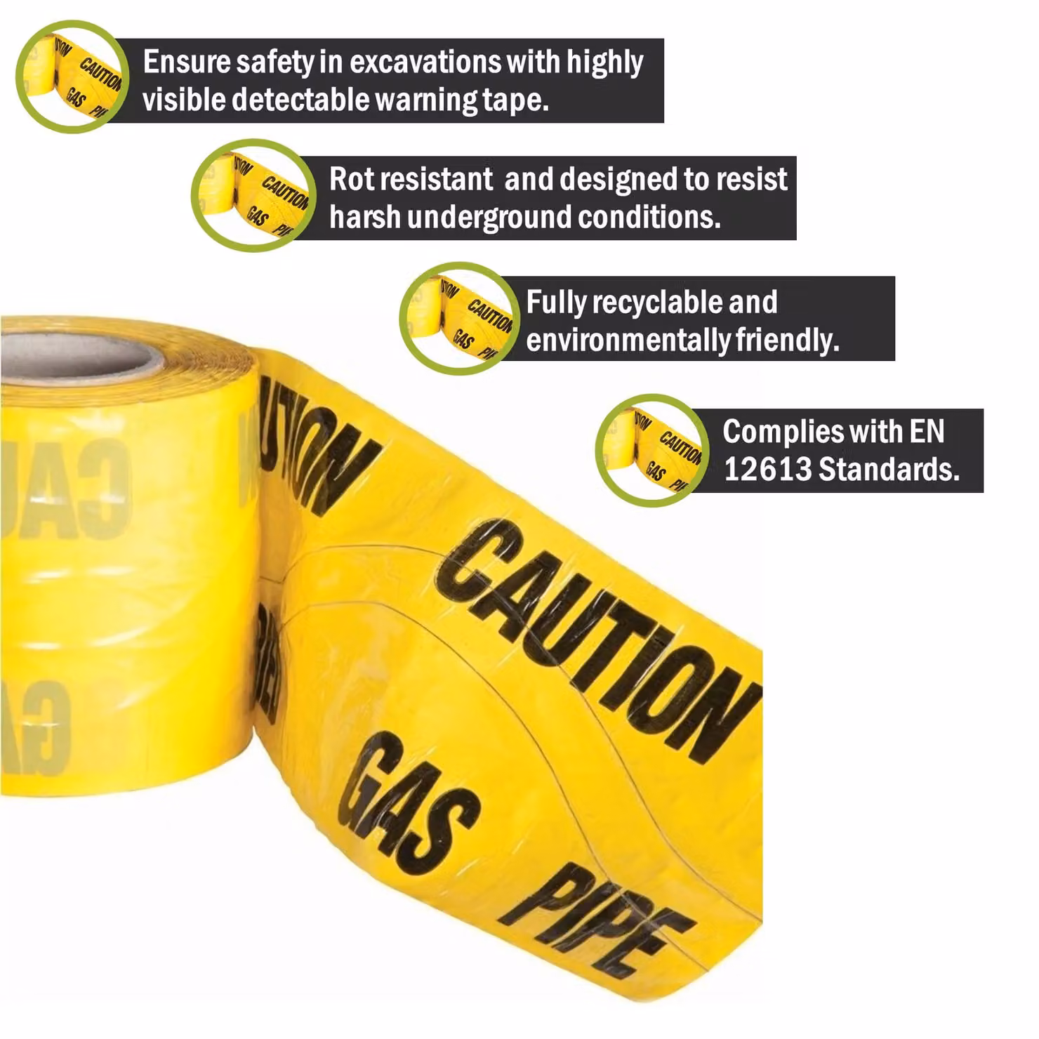 Pegdev High Visibility Underground Detectable Gas Warning Tape, Yellow, W: 15 cm, L: 70 m – 2