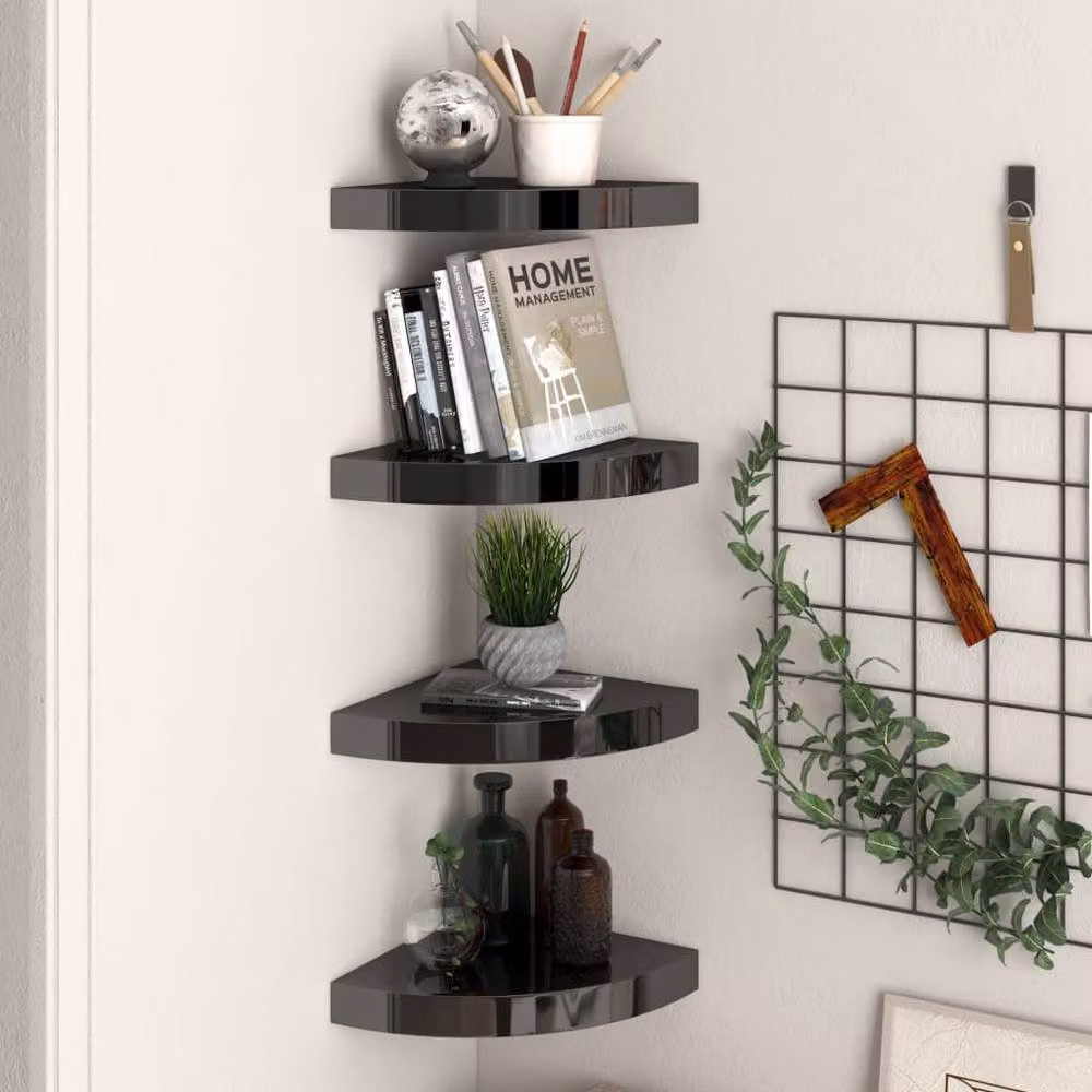 Berkfield Home Floating Corner Shelves, 4 Piece Set, High Gloss Black MDF, W/D/H: 25 x 25 x 3.8 cm – 2