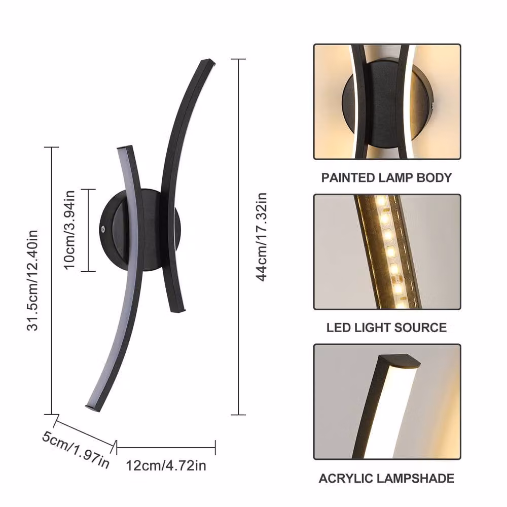 Pheashine Black Modern Curved LED Wall Light, 20W Warm White 3000K, 44.5 cm – 3