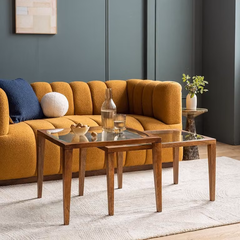 Atkin & Thyme Sorrento Nested Coffee Table with Glass and Wood Tops in Brown