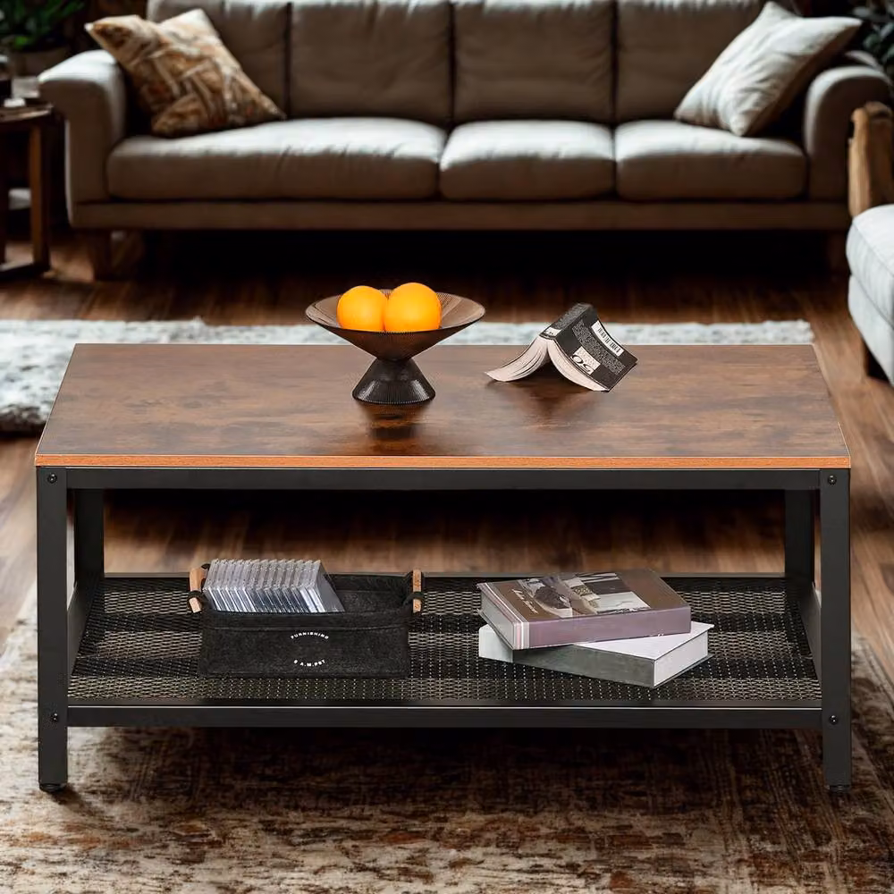 Pirlo Plush Industrial Rectangular 2 Tier Coffee Table with Storage Shelf in Brown, W: 60 cm, D: 45 cm, H: 40 cm – 4