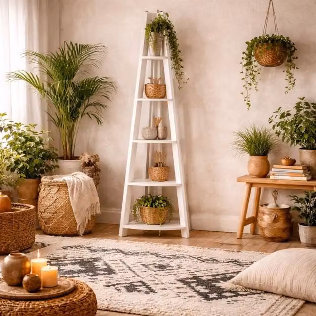 Wyld Haus Athy White Wooden Corner Ladder Shelving Unit with 5 Shelves, H 175.4 x W 38.6 x D 38.6 cm