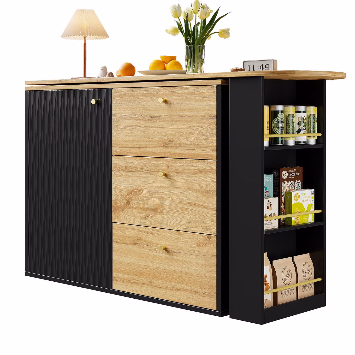 Aosom UK Extendable Bar Table with Pull-Out System, Snack Compartment, Drawers and Shelves, Black and Natural, W: 39 cm, D: 138 cm, H: 104 cm – 2