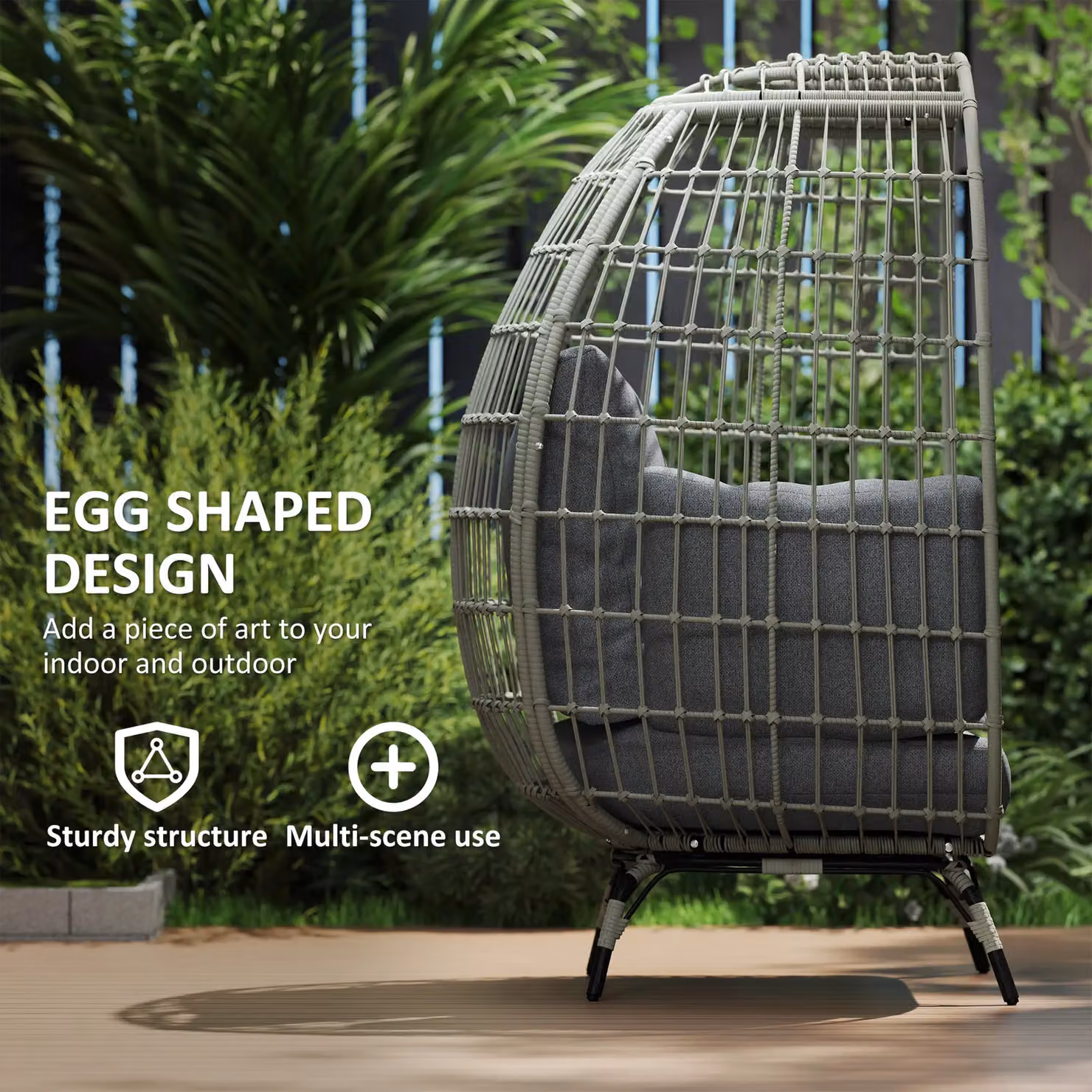 OUTSUNNY PE Rattan Egg Chair with Padded Cushions for Garden, Charcoal Grey – 4