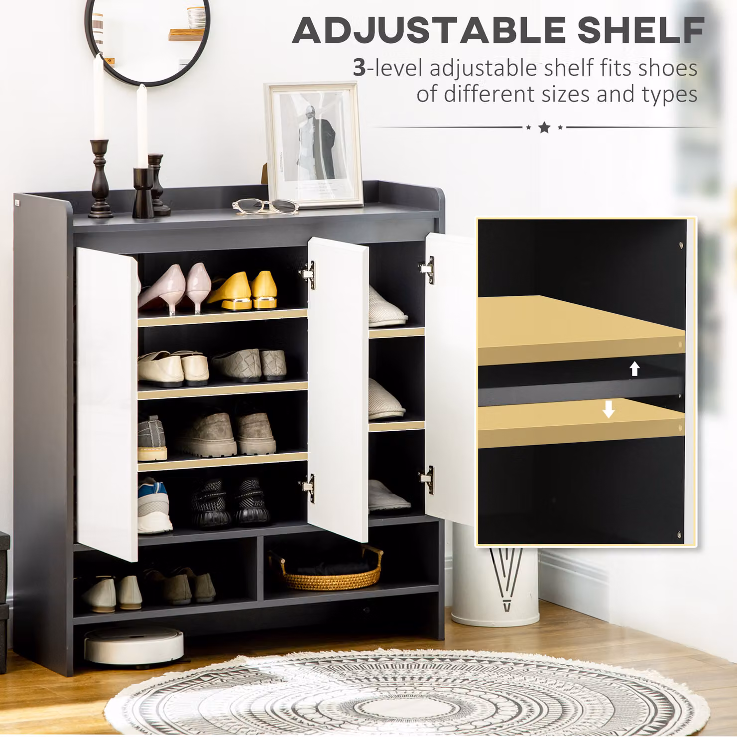 HOMCOM High Gloss Grey and White Shoe Cabinet with Hinged Doors and Open Shelves for 24 Pairs – 6