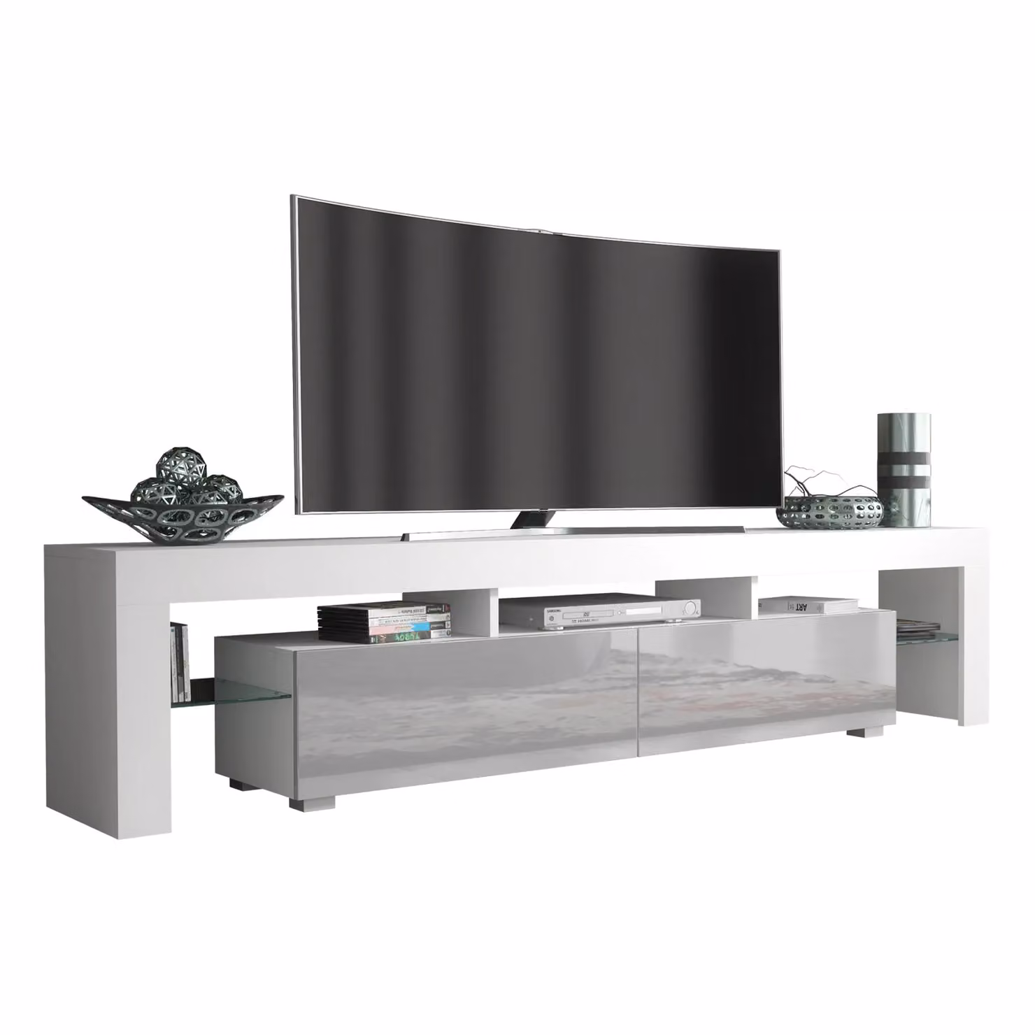 Creative Furniture Modern TV Unit in White with High Gloss Grey Doors, W: 200 cm, H: 45 cm, D: 35 cm – 2