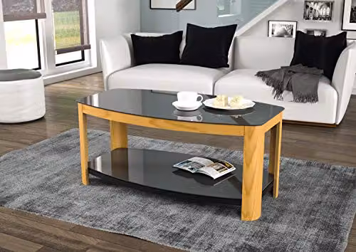 AVF Affinity 100cm Coffee Table in Oak with Black Tempered Glass and Modern Curved Design – 1