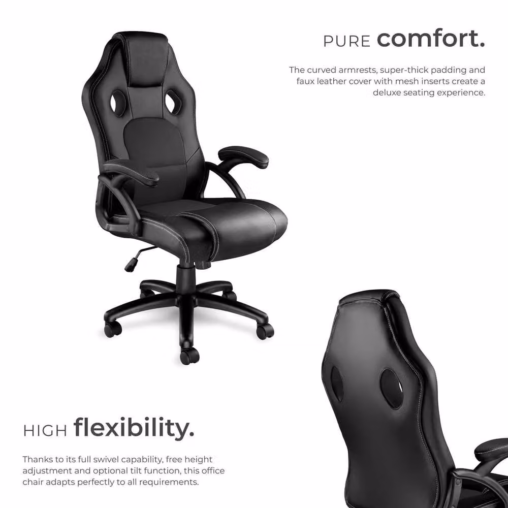 tectake Tyson Ergonomic Gaming Chair in Black with Synthetic Leather and Armrests – 3