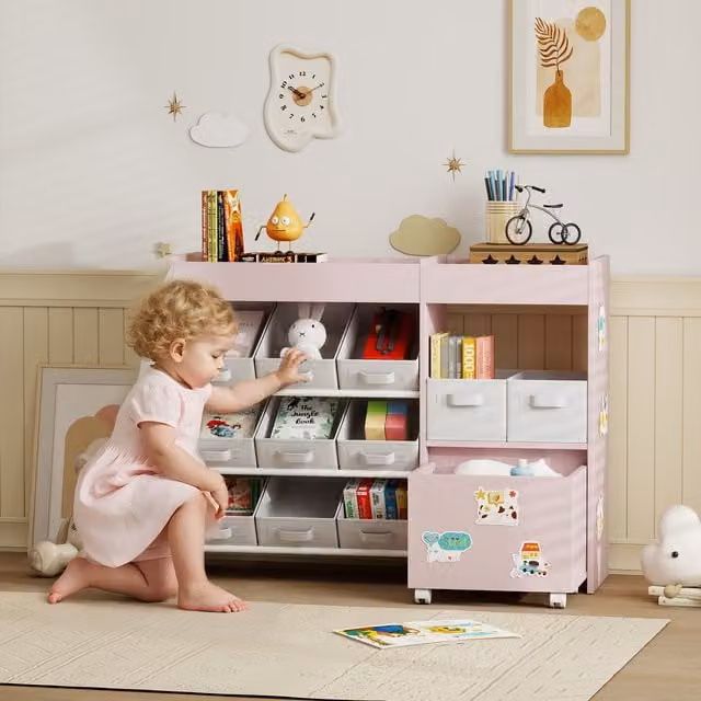 AIYAPLAY Kids Toy Storage Unit with 11 Fabric Bins and 3 Stickers, Pink