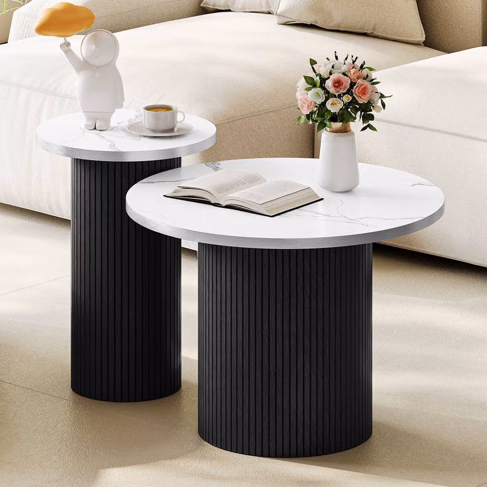 Dprodo Set of 2 Modern Round Black Marble Coffee Tables with Nested Tops – 6