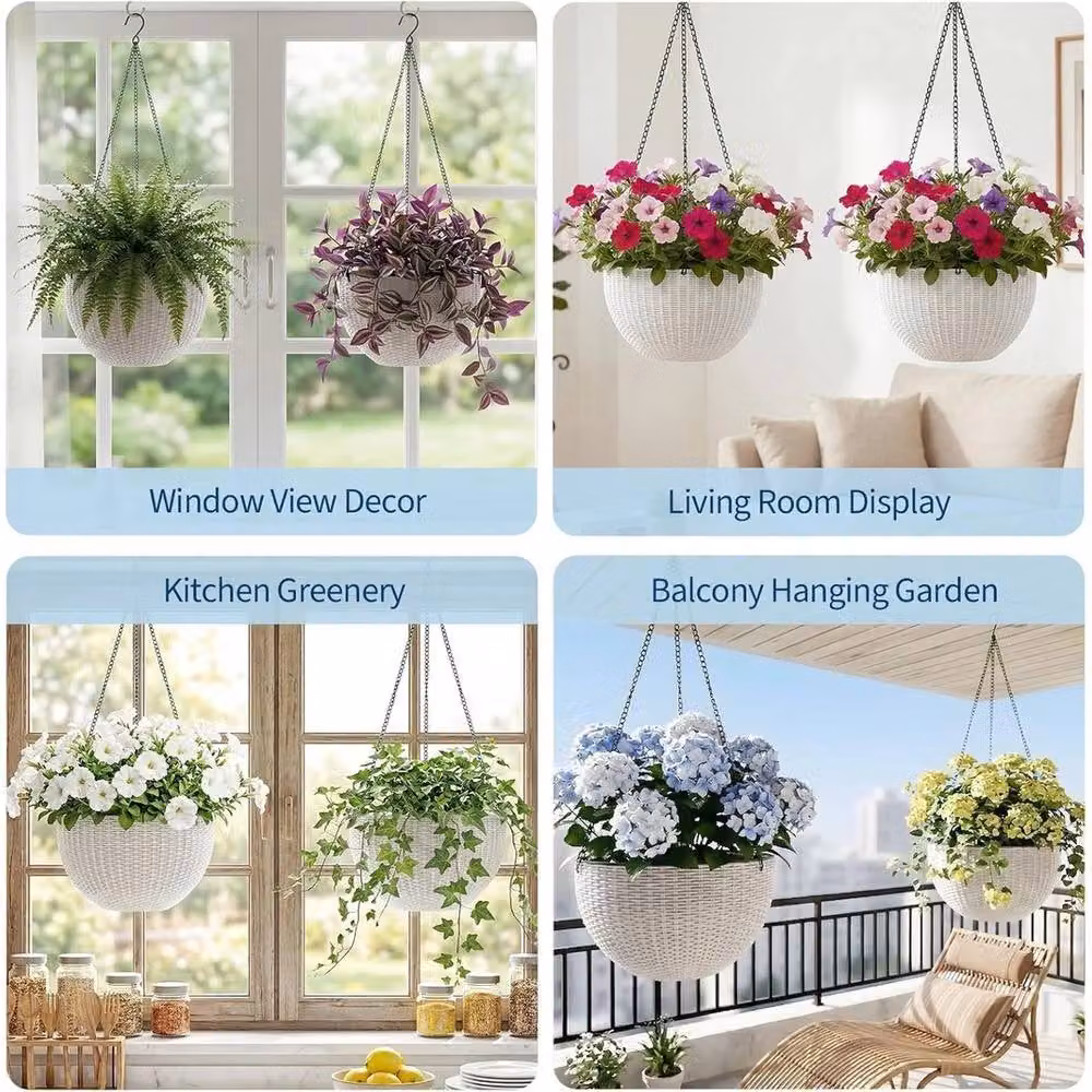 VOGREX White Self-Watering Outdoor Rattan Hanging Planter – 4