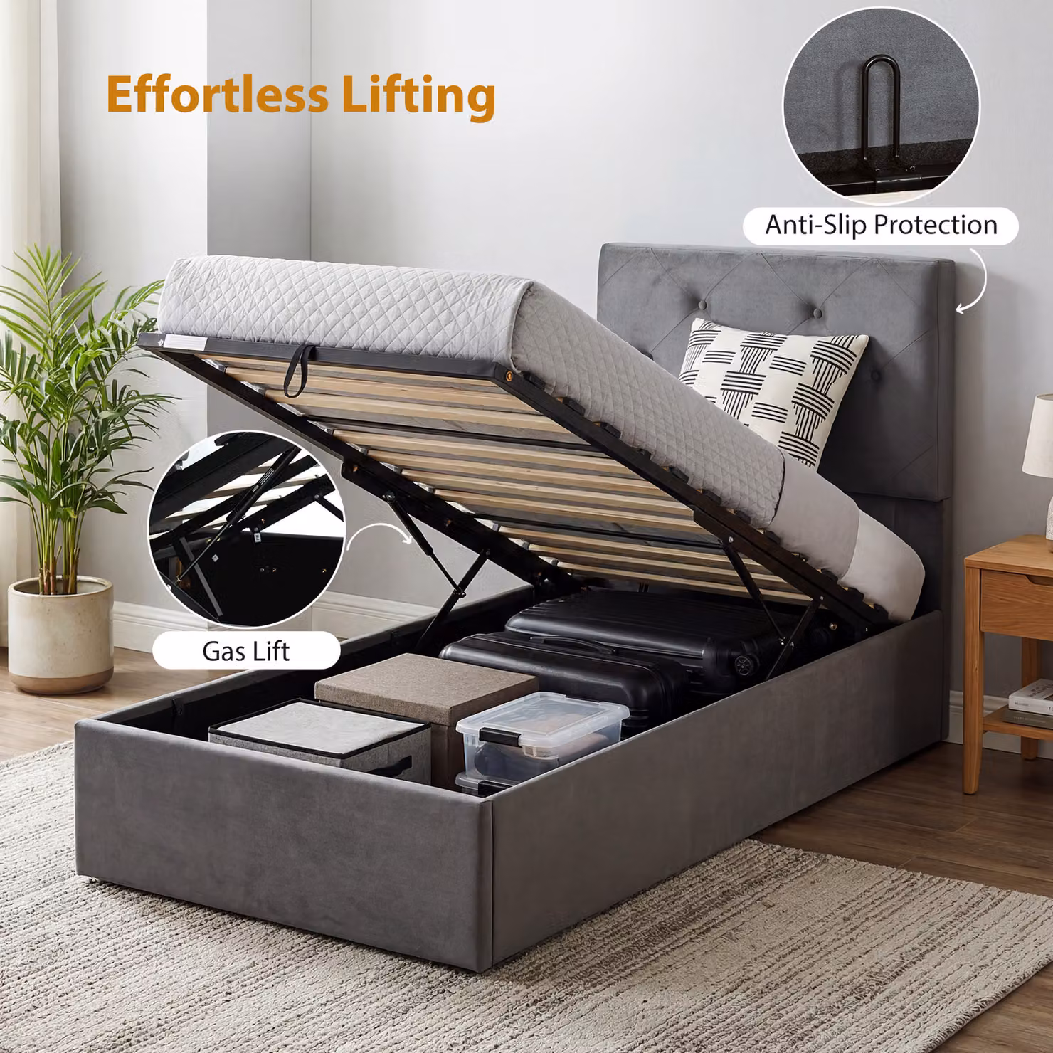 HOMCOM Grey Velvet Upholstered Single Bed Frame with Gas Side Lift Storage and Tufted Headboard for 90 x 190 cm Mattress – 5