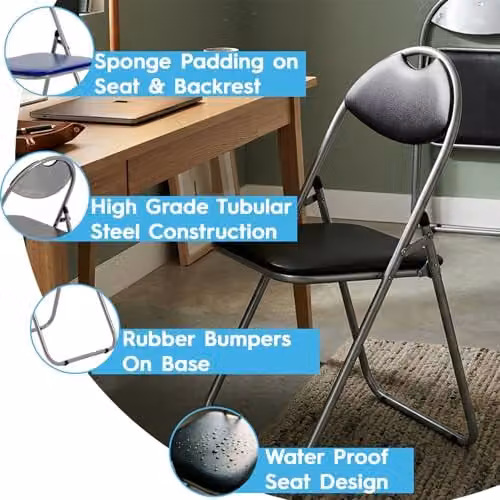 Harbour Housewares 6 Pack Padded Folding Chairs in Black with Metal Frame and Synthetic Leather Seats – 3