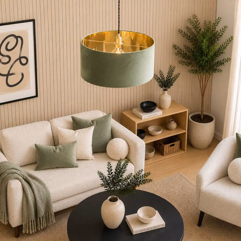 CGC Lighting Milano Oversized Large Cylinder Velvet Fabric Lamp Shade in Olive Green and Gold – 3