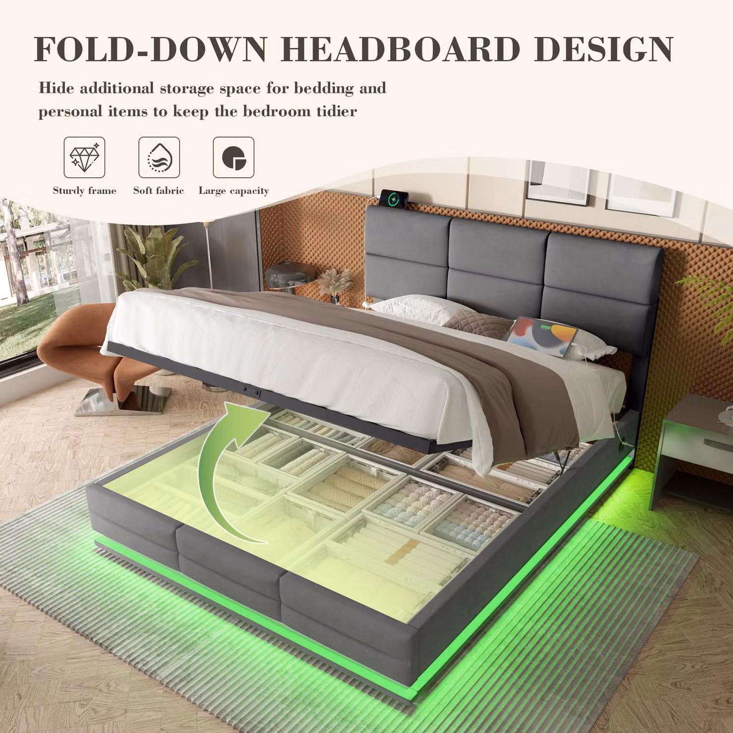 Aosom UK Modern Velvet Upholstered Double Bed with 3-Stage Adjustable Headboard, LED Lighting and USB Charging Port, Dark Grey, W/D/H: 202 x 155 x 115 cm – 5