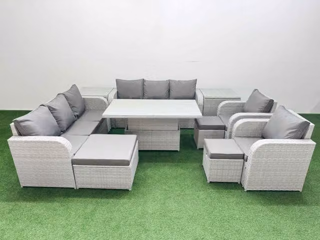 Fimous Grey PE Rattan Lounge Sofa Set with 3 Seater Reclining Sofa, 2 Chairs, 3 Stools, Matching Ottoman and Adjustable Coffee Table