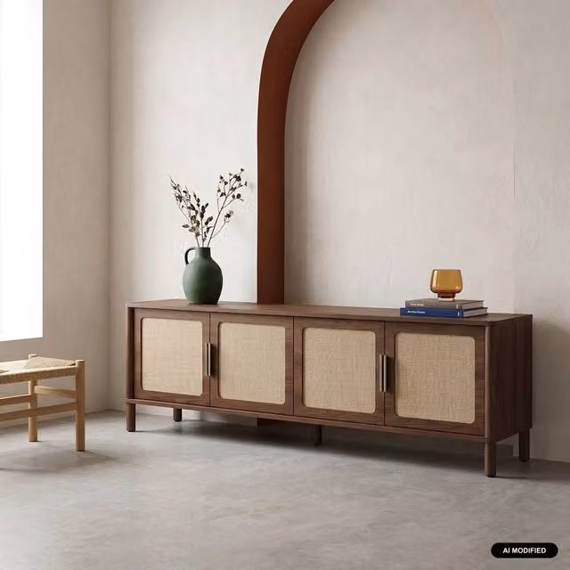 sweeek Mid-Century Vintage TV Stand with Rattan and Wood Decor, 4 Doors, Dark Brown, W: 160 cm, D: 39.5 cm, H: 50 cm – 1