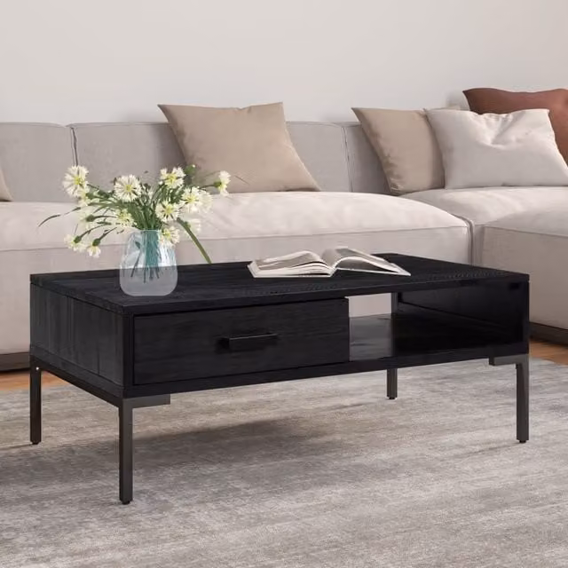 Berkfield Home Industrial Black Rectangular Coffee Table in Solid Pinewood, W/D/H: 90 x 50 x 35 cm