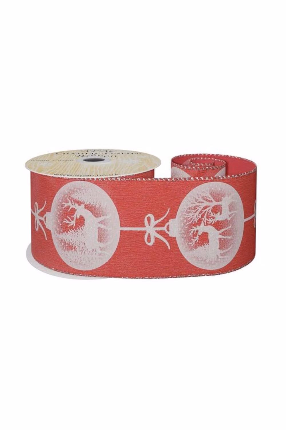 KDMD Red Satin Ribbon with Reindeer Bauble Print in White, Width: 6.3 cm, Length: 9.14 m – 2