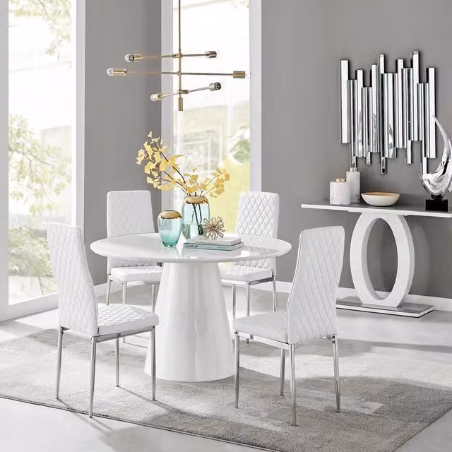 FurnitureboxUK Palma White High Gloss Round Dining Table and 4 Milan Chrome Leg Chairs Set