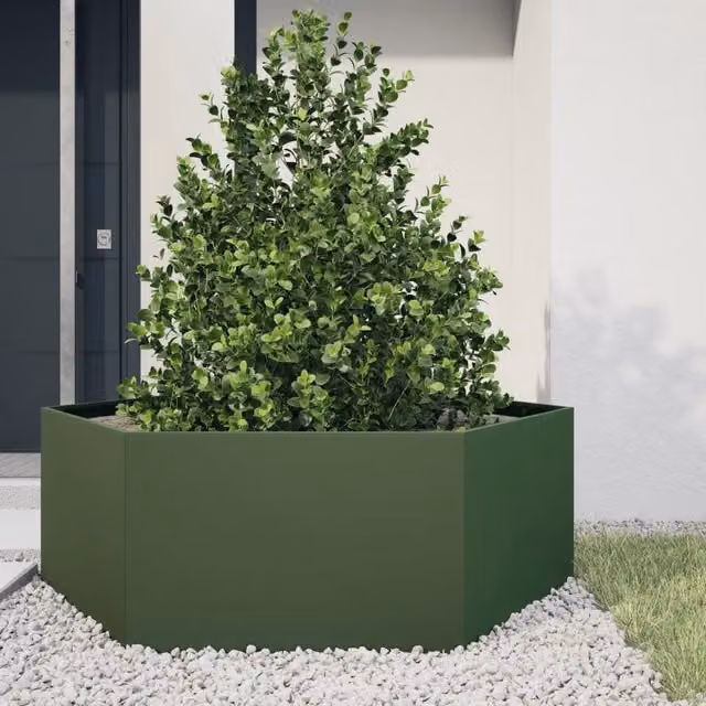 Berkfield Hexagon Steel Garden Planter in Olive Green, W/D/H: 138 x 120 x 45 cm