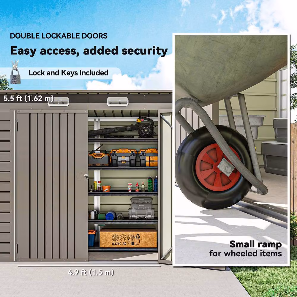 Rolipo Galvanised Steel Pent Shed with Double Doors and Lock, Light Grey – 5