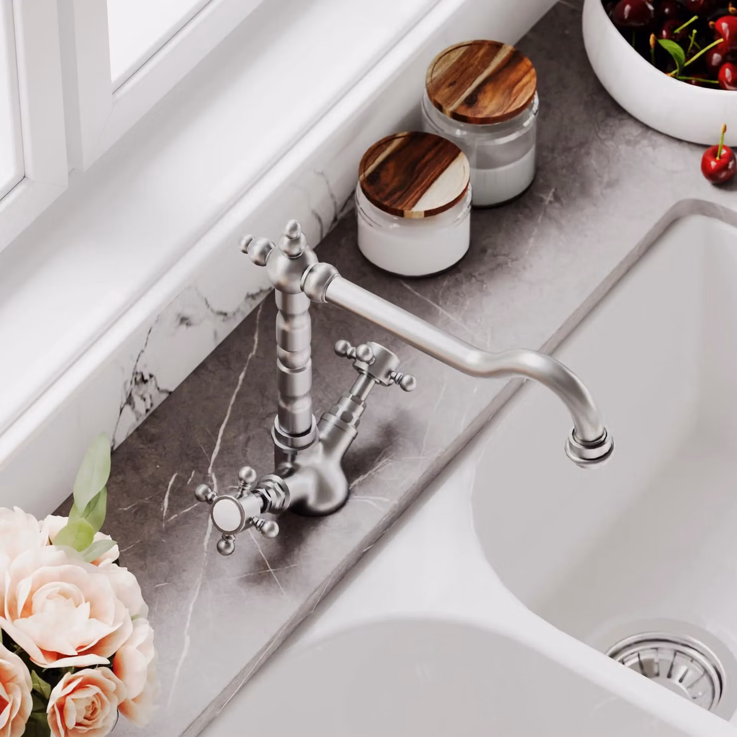 Balterley French Classic Kitchen Sink Mono Mixer Tap with Dual Crosshead Handles in Brushed Nickel, H 24.0 cm x W 19.0 cm x D 23.0 cm – 3