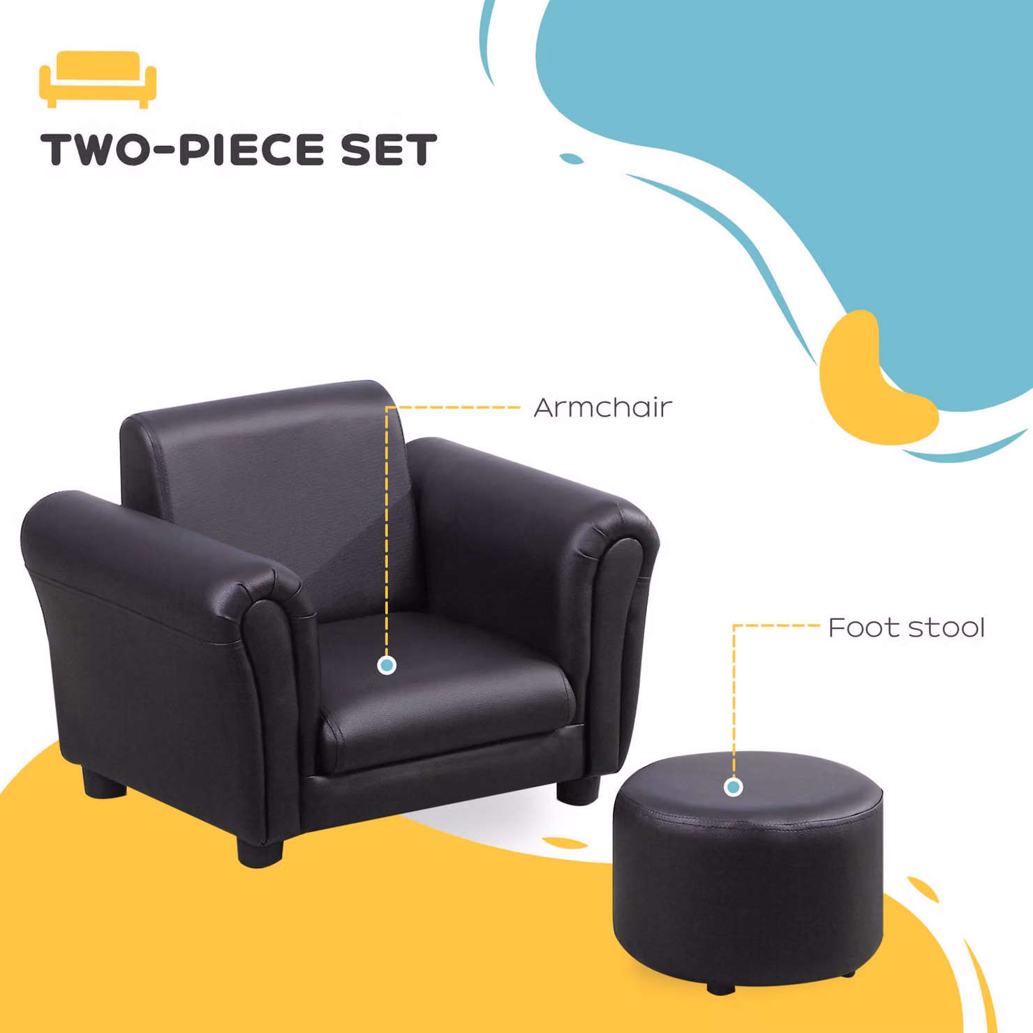 HOMCOM Toddler Chair and Stool Set in Black, W/D/H: 54 x 42 x 41 cm – 4