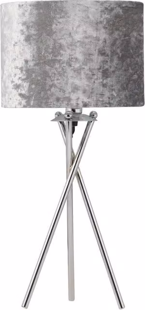 First Choice Lighting Chrome Tripod Table Lamp with Grey Fabric Shade