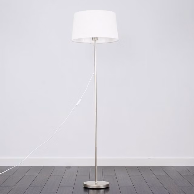 Charlie Modern Floor Lamp with White Fabric Cylinder Shade in Silver and Chrome