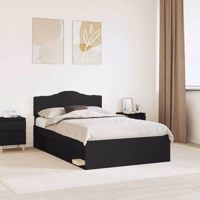 Berkfield Home Modern Bed Frame with Headboard in Black Solid Pine Wood W/D/H: 120 x 200 cm