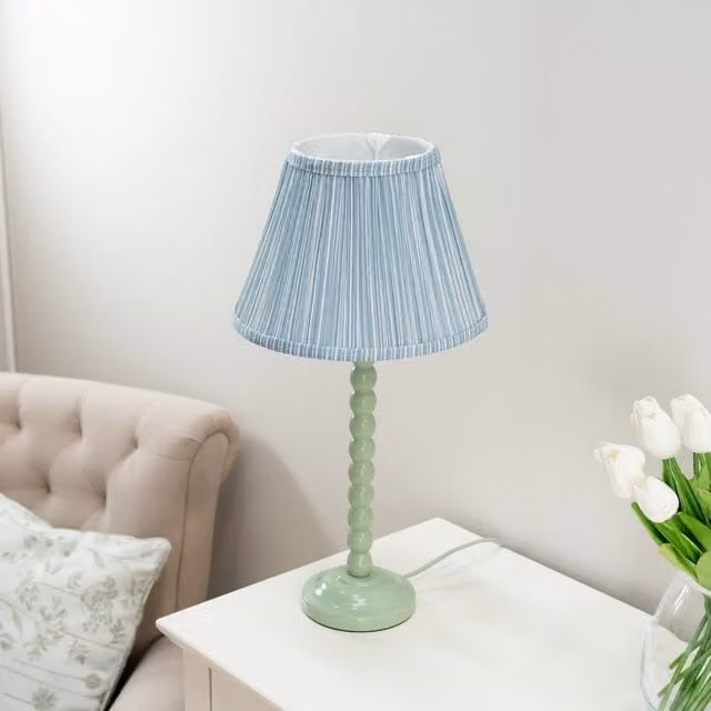 ValueLights Bobbins Table Lamp in Sage Green and Blue with Fabric Pleated Shade and LED Bulb