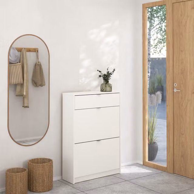 Furniture To Go White Minimalist Shoe Cabinet with 2 Tilting Compartments and 1 Drawer