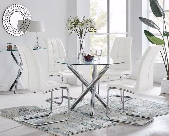 FurnitureboxUK Selina Round Glass Dining Table with Chrome Leg and 4 Murano Off-White Chairs – 1